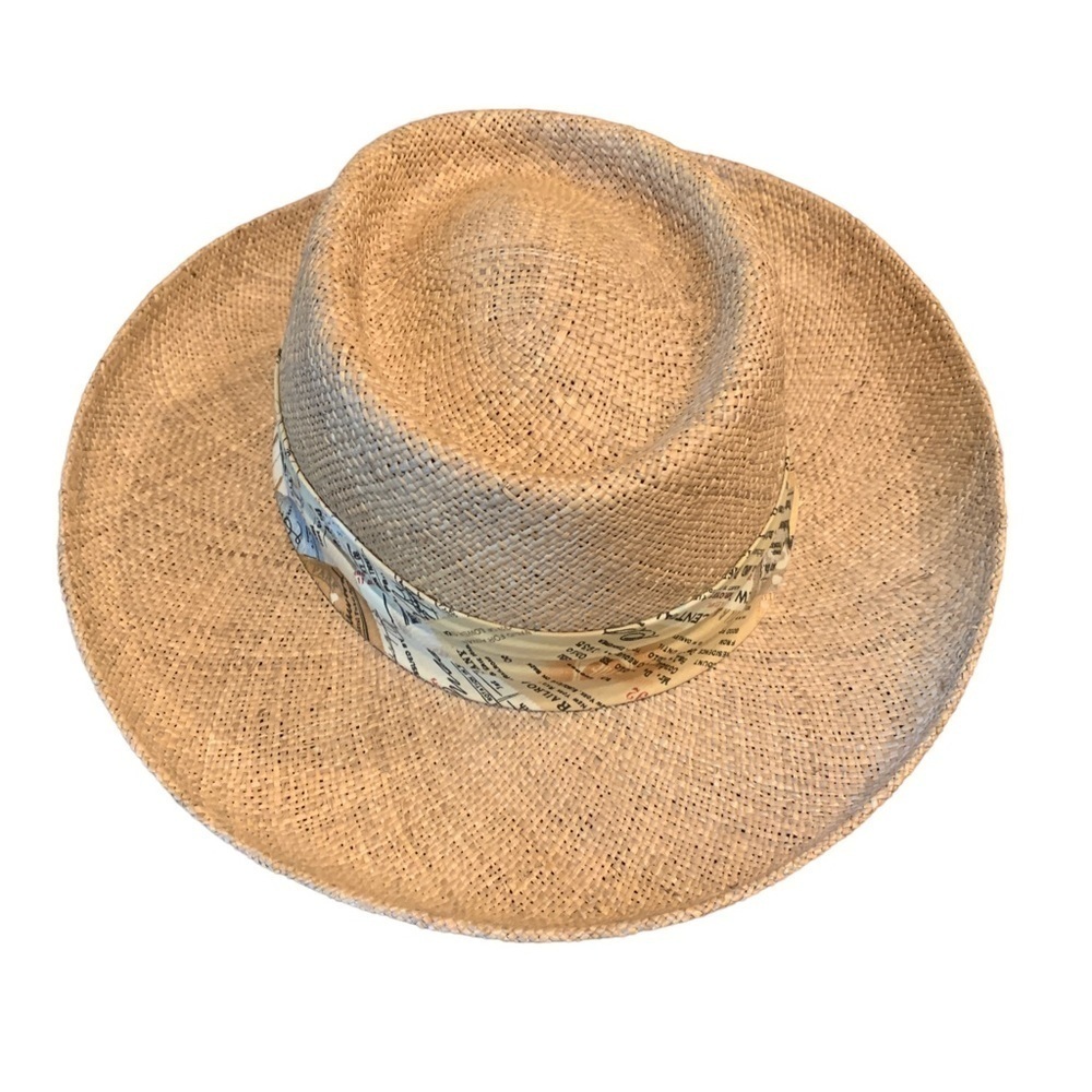 Country Gentleman Vintage 100% Straw Hat Map Railroad Print Band Wide Brim M